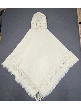 Hooded Cream Poncho With Crochet & Fringe Trim Boho OS